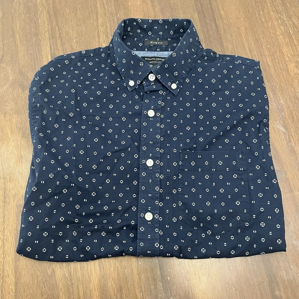 Banana Republic Shirt Mens sz M Navy Blue Slim Fit Short Sleeve Organic Cotton